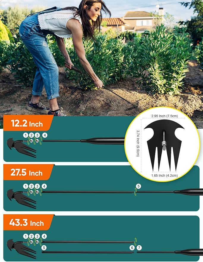 Weed Puller Tool Stand Up Weed Remover Tool Heavy Duty, Long Handle Weeder Hand Garden Weeder Tools, 4 Claw Gardening Hand Weeding Tool for Gardening Backyard Farm Planting & Weeding 12.2-27.5-43.3"