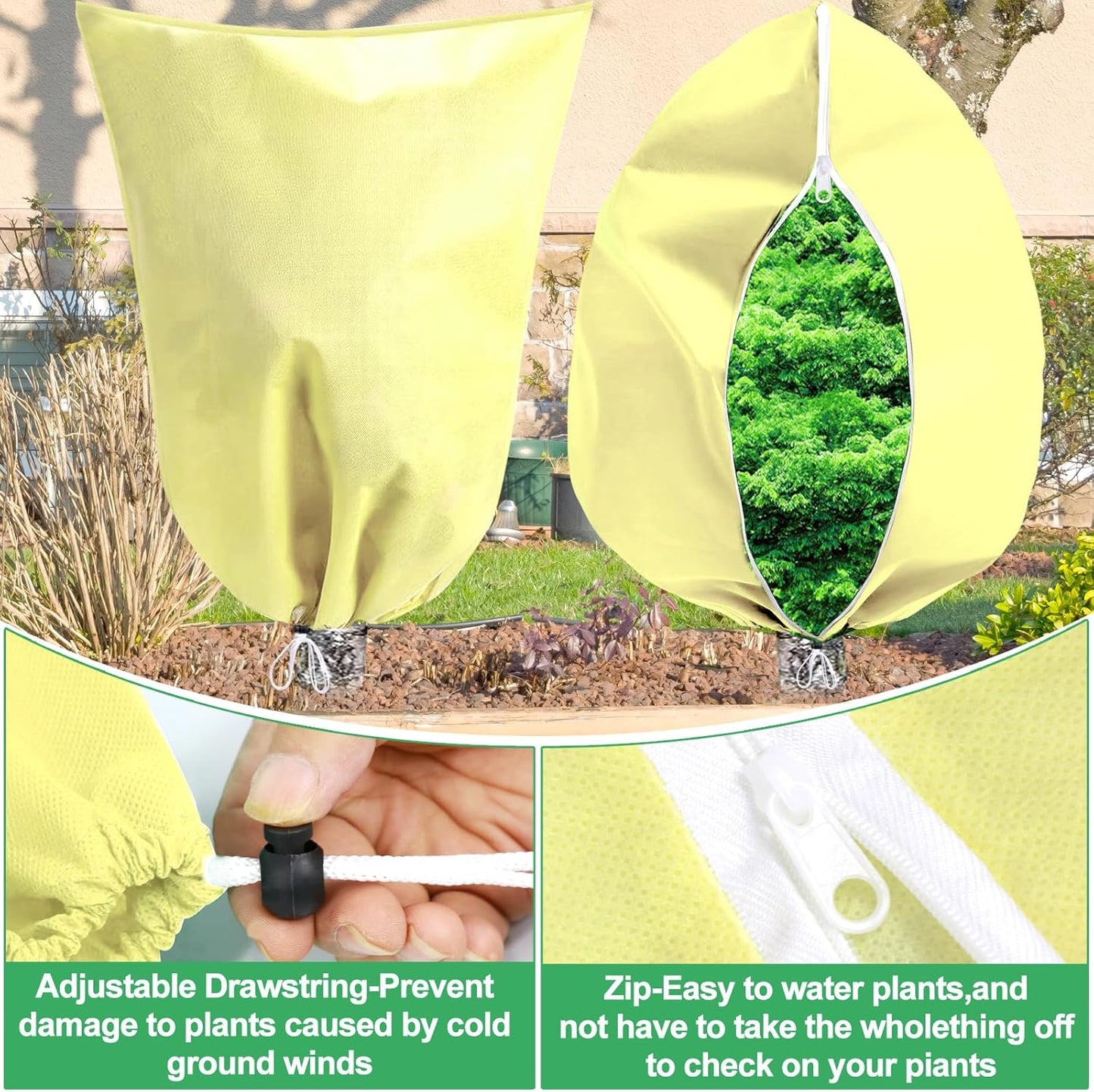 2 Pack Plant Covers Freeze Protection with Zipper Drawstring, 31.4" X 47.2" Winter Cold Weather Frost Covers Shrubs Trees Jacket for Outdoor Plants Fruit Tree Plant Protection Cover Bags