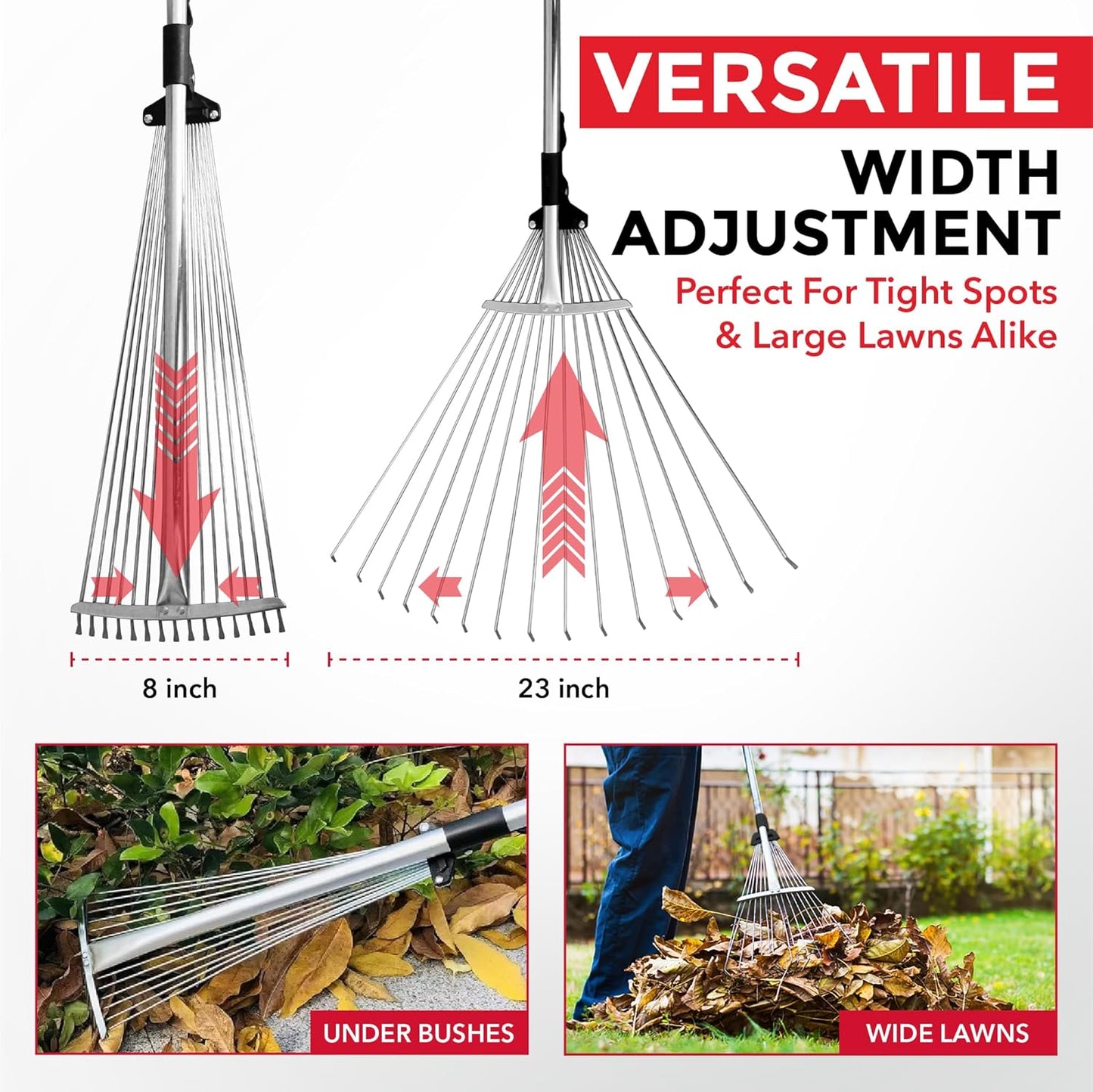 TABOR TOOLS Adjustable Metal Rake - Collapsible & Telescopic - Garden, Yard, & Lawn - Ideal for Leaves, Shrubs & Small Areas. J16A