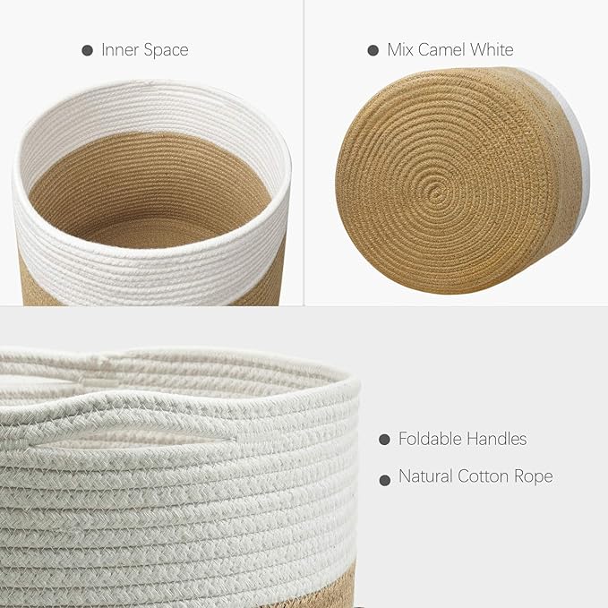 TIMEYARD Jute Rope Plant Basket Large Modern Woven Basket for 11'' Flower Pot Floor Indoor Planters, 12.5''x12.5'' Storage Basket Rustic Home Decor White and Jute