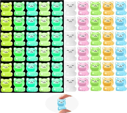 60Pcs Mini Cat Figurines Luminous Miniature Cute Resin Animals Glow in The Dark Tiny Cat to Hide Landscape Decoration Resin Figures DIY Accessories Ornament Craft Party Cake Topper