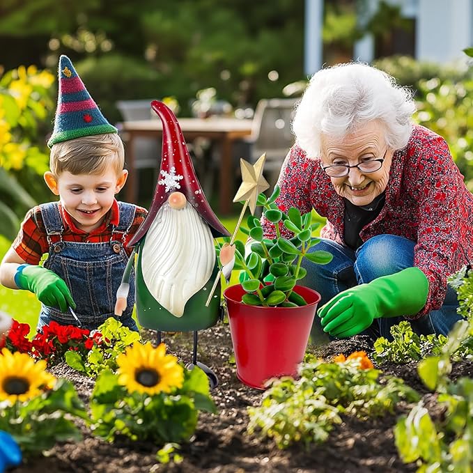 HONGLAND Outdoor Decorations Metal Gnome Yard Art Garden Gnomes Statue 13 Inch Santa Figurine, Succulent Flower Pot, Fun Metal Planter