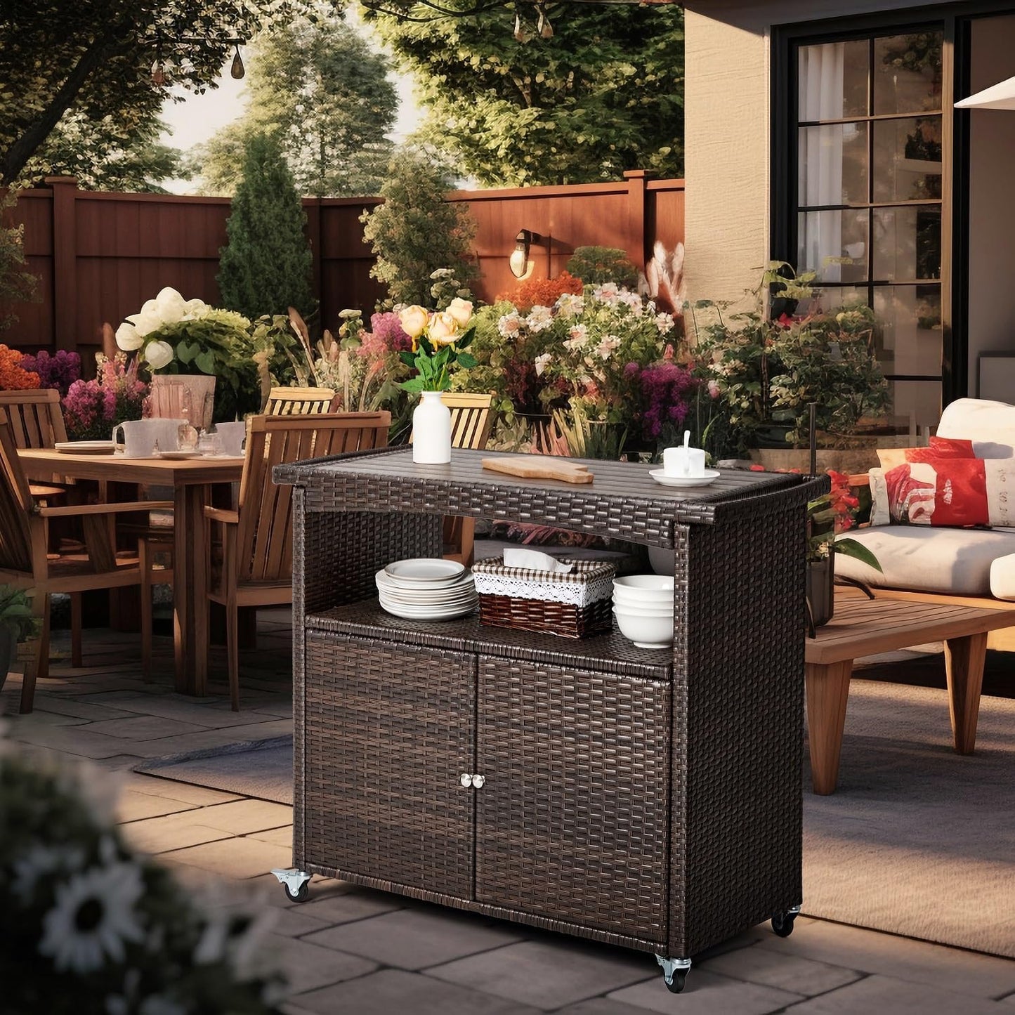 Outdoor Bar Cart with Storage Cabinet Patio Wicker Sideboard Buffet Cabinet Prep Table Outside Kitchen Serving Cart with Rolling Wheels & Handle Rattan Portable Bar Table with Shelves Doors Brown