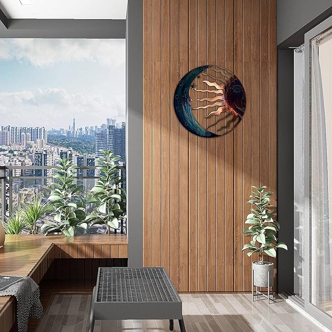 Jannity Metal Sun Wall Decor,11.02 Inches Large Metal Wall Art with Sun Moon Stars Retro Moon Sun Wall Decoration Hanging for Indoor Outdoor Patio Yard Home Garden