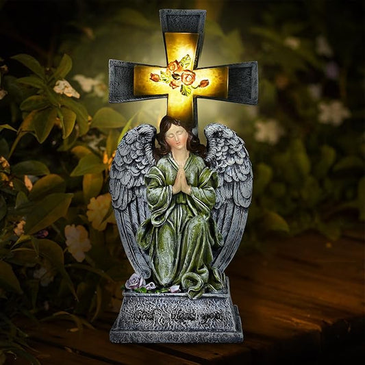 Yiosax-Solar Angels for Cemetery-Garden Statue Lights Decor - Before The Cross on One Knee Wings Praying Angel Figurine Bless You Cemetery Patio Lawn Yard Porch Decorations
