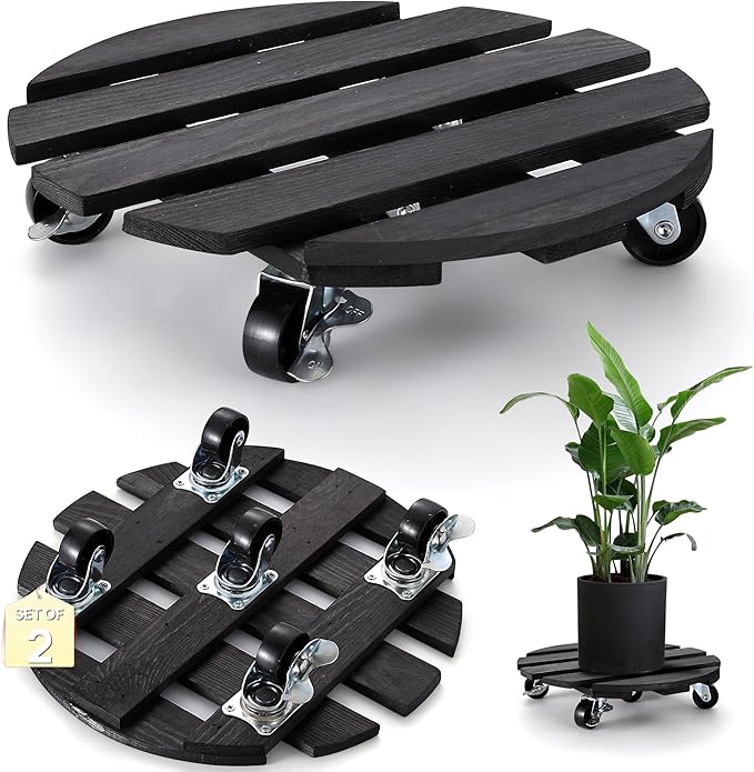 ZXZYHFTY Round Wooden Plant Stand with Wheels, 2 Packs Rolling Plant Stand with 360°Lockable Wheels for Vertical Garden Towers, Vertical Planting Tanks, Plant Pots, Wastebaskets (Black, 12")