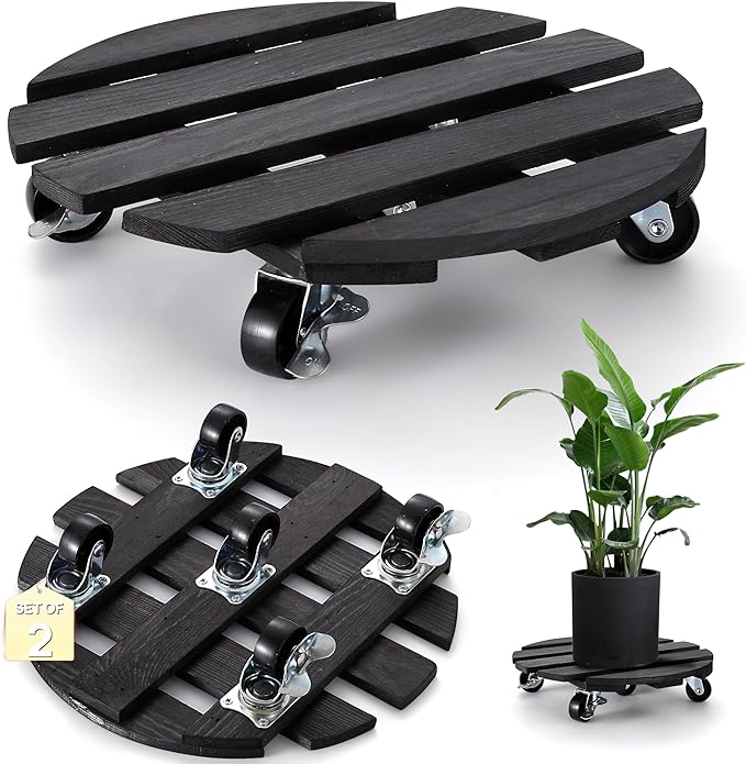 ZXZYHFTY Round Wooden Plant Stand with Wheels, 2 Packs Rolling Plant Stand with 360°Lockable Wheels for Vertical Garden Towers, Vertical Planting Tanks, Plant Pots, Wastebaskets (Black, 14")
