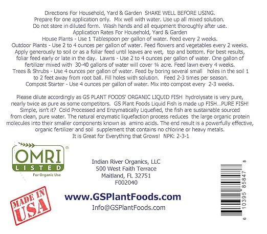 GS Plant Foods Organic Liquid Fish 36 oz Hydrolyzed Fish Fertilizer for Plants- Liquid Fertilizer for Vegetables, Trees, Lawns, Shrubs, Flowers, Seeds & Plants - 1 Quart