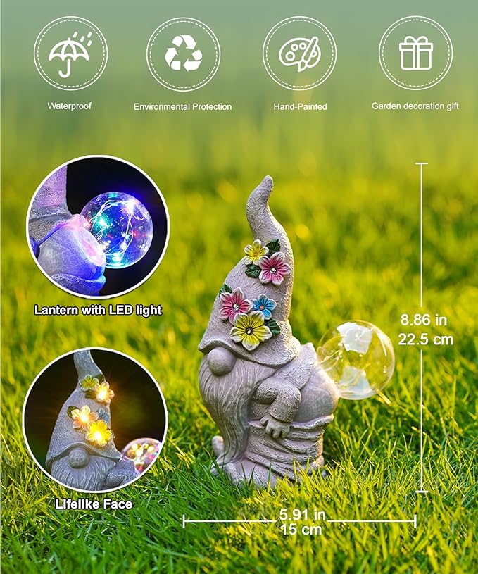 Solar Gnome Statue for Garden Decor: Outdoor Sculpture for Yard Lawn Porch Balcony Patio - Ideal Gift for Lover Mom Women Grandma
