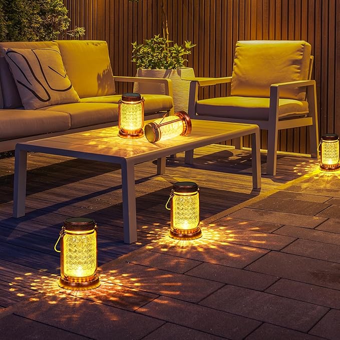 Outdoor Garden Decor, 4 Pack Solar Lantern Waterproof Warmwhite Mason Jar Hanging Lights, Porch Decorative for Garden Yard Patio Backyard Deck Courtyard Lawn