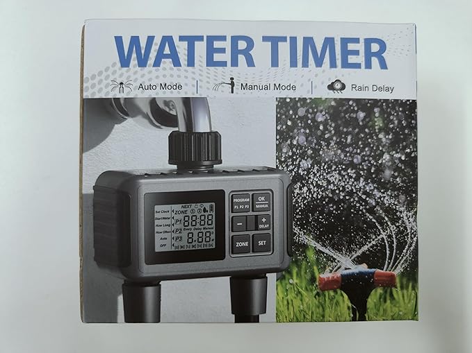 Uzoli SGW07 Sprinkler Timer, Water Timer for Garden Hose, Programmable Hose Timer 2 Outlet with Rain Delay, Manual, Auto System Controller, IP55 Waterproof Drip Irrigation Timer for Yard, Lawn, Pool