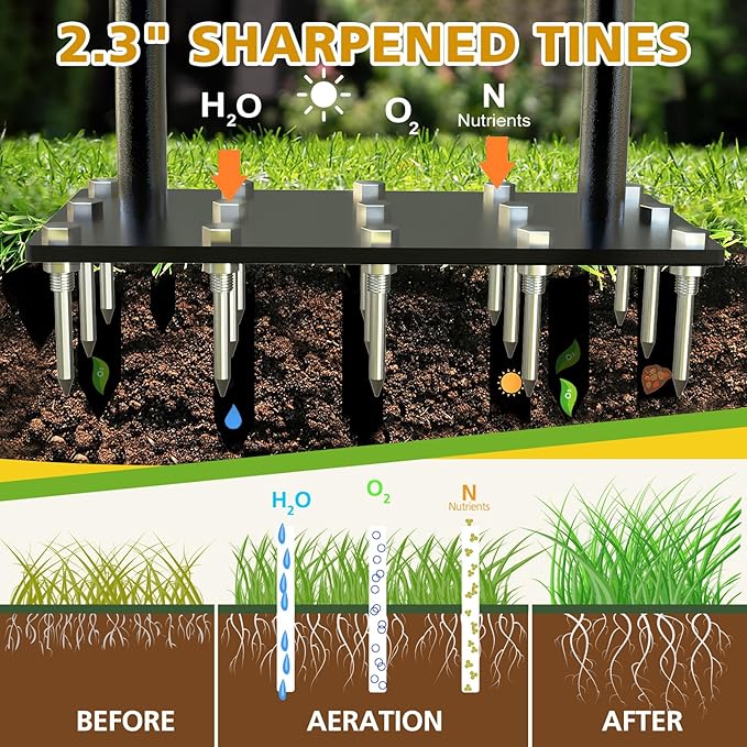 Lawn Aerator Spike Metal Manual Dethatching Soil Aerating Lawn with 15 Iron Spikes, Pre-Assembled Grass Aerator Tools for Yard, Lawn Aeration, Garden Tool, Revives Lawn Health（Black + Yellow01）