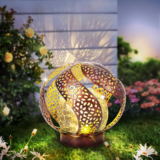 Huaxu Solar Lights Outdoor Garden Decor Waterproof Cracked Glass Globe LED Light Bronze Art Metal Retro Design Decorative Yard Patio Lawn Pathway Gift for Mom Women Anniversary Birthday