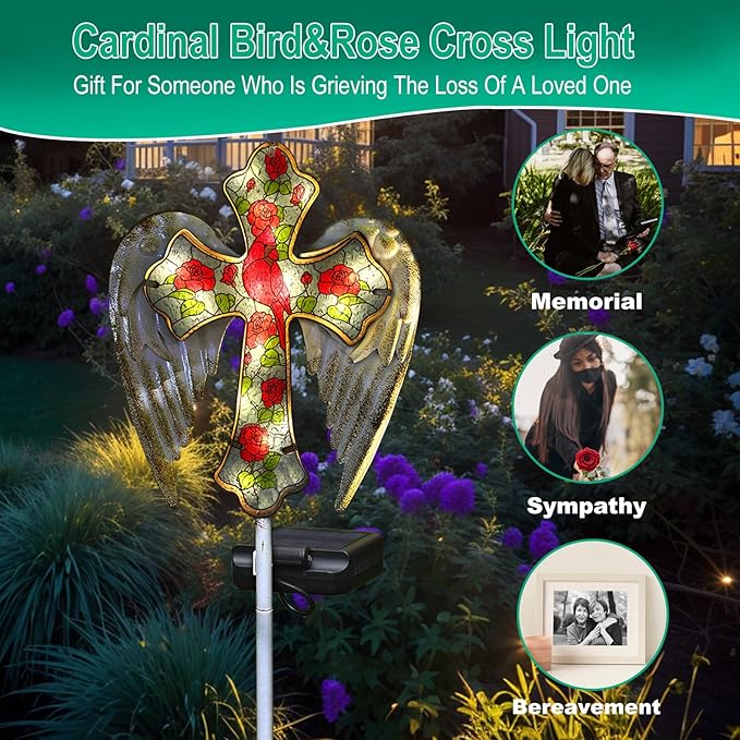 YJFWAL Cardinal Bird&Rose Cross Garden Stake Light, Solar Glass Cross for Cemetery Grave, Jesus Cross Angel Wings Sympathy Memorial Gifts, Halloween Christmas Garden Lawn Yard Patio Decor