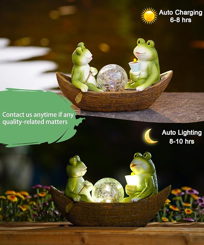 Solar Frogs Boating Statue Garden Decor: Outdoor Sculpture Lights Decorations Art Ornament Yard Lawn Backyard - Ideal Gifts for Women Mom Grandma