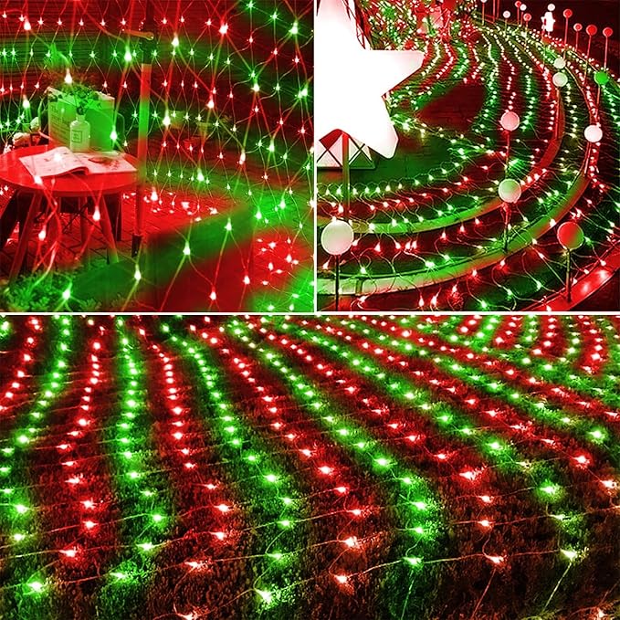 WATERGLIDE Outdoor Christmas Net Lights, 12FT x 5FT 360 LED Mesh String Light with 8 Lighting Mode, Connectable Waterproof Lights for Garden Tree Bushes, Holiday Wedding Party Decoration, Red & Green
