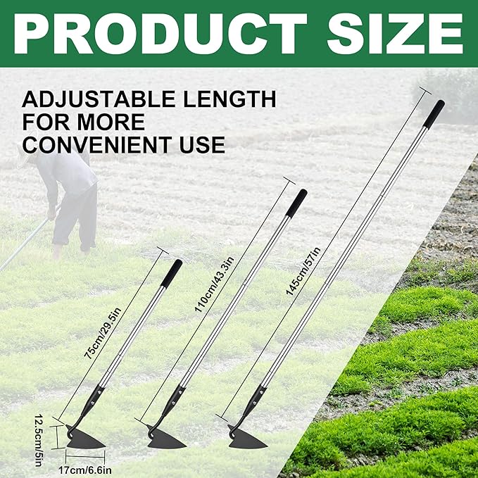 Warren Hoe, Carbon Steel Triangle Garden Hoe with Stainless Steel 57" Adjustable Long Handle, Heavy Duty Gardening Hand Tools Hoe for Ridging Weeding Digging Loosening Edging Soil