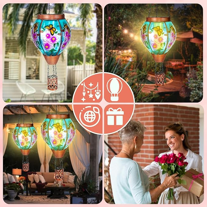 Solar Hot Air Balloon Lantern with Flame， Butterfly Glass Outdoor Solar Lanterns for Outside Hanging Farmhouse Patio Pathway Decor, Butterfly Gifts for Women Grandma Mom