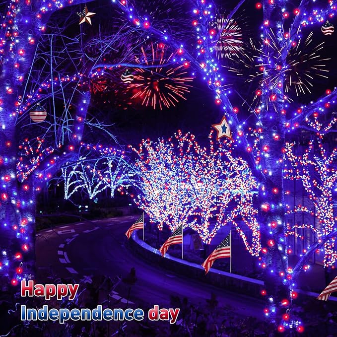 JMEXSUSS 500 LED Red White and Blue Lights 4th of July Decorations, 173ft 8 Modes 4th of July Lights Outdoor, Waterproof Patriotic String Lights Plug in for Memorial Day Independence Day Holiday Decor