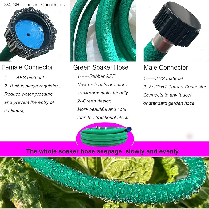 Soaker Hose 1/2inchx 25ft,Green Rubber Hose Water Saving up to 70%,Durable Flexible Soaker Hose that irrigation for Patio Lawn,Trees,Vegetables and Flowers. …