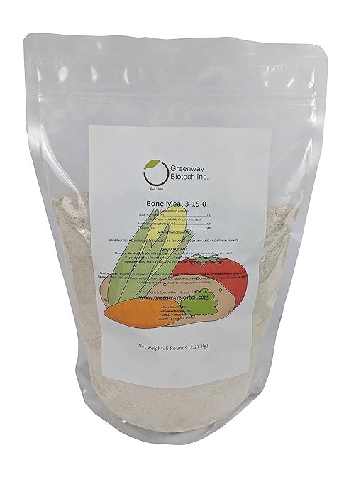 Greenway Biotech Bone Meal Fertilizer 3-15-0 Plus 24% Calcium for Plant’s Strong Root Development- Plant Food Source of Nitrogen and Phosphorus for Gardening, Flowering Plants- (5 Pounds)