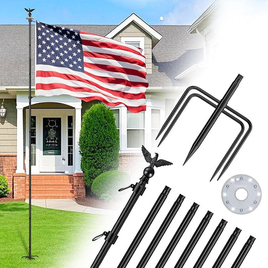 ZMTECH 10 FT Flag Pole Kit in Ground with 5 Pronges Base & Solar Light, Heavy Duty Flag Pole Holder with Metal Eagle Topper for Outside House Yard Garden Decor Residential Commerical(1 Pack,no Flag)