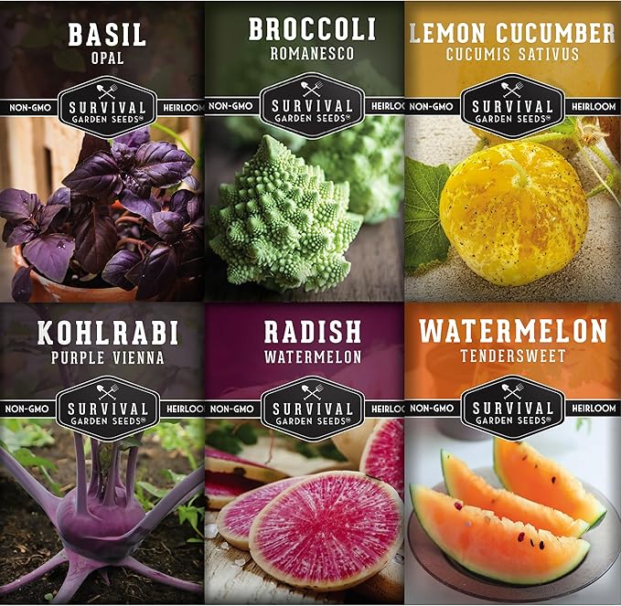 Survival Garden Seeds Rare Exotic Heirloom Veg Collection - Purple Vienna Kohlrabi, Lemon Cucumber, Watermelon Radish, Opal Basil, Romanesco Broccoli, Tendersweet Orange Watermelon Vegetable Seeds