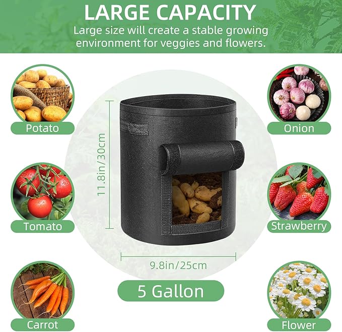 6 Pack 5 Gallon Potato Grow Bags, Heavy Duty Nonwoven Fabric Garden Planting Bag Plant Container with Flap and Handles, Aeration Fabric Pots for Growing Vegetable, Fruits and Flowers