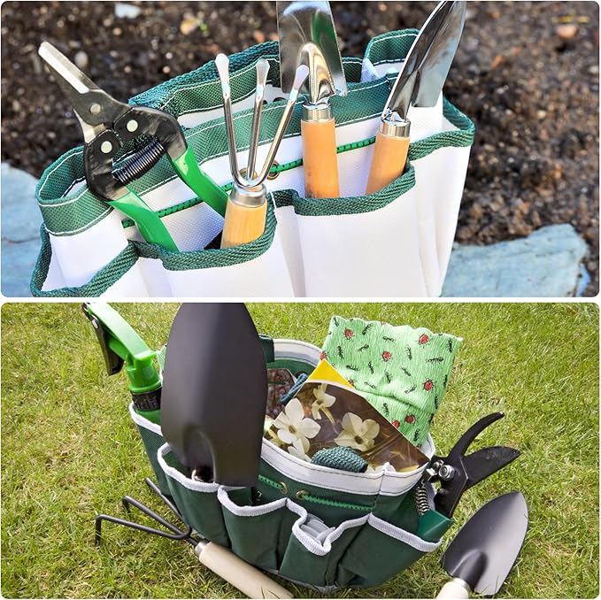 HARFINGTON Garden Tool Bag 14.6" x 5.5" x 16.5" Large Oxford Waterproof with Pockets Garden Tote Bag Gardening Plant Tool Organizer Storage Carrier Store for Outdoor Women Men, Dark Green