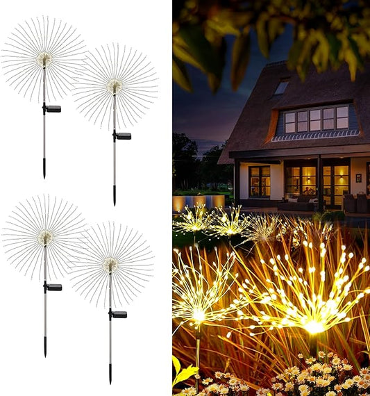 solar fireworks lights for outside, 150LED 8 Modes Fireworks Solar Lights Outdoor, Fairy Garden Flowers Lights for Yard Pathway wedding Party Christmas Diwali Garden Decor 4Pack (Warm White)
