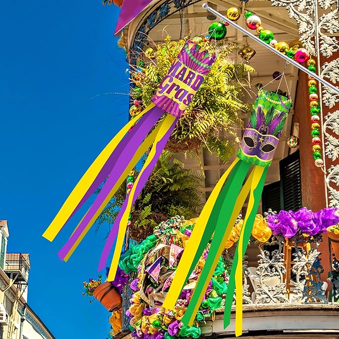 EBaokuup 4 Pcs Mardi Gras Wind Sock,41.3 Inch Mardi Gras Spinners Windsock,Purple Yellow Green Decor Windsock for Home Yard Party Mardi Gras Outdoor Decoration