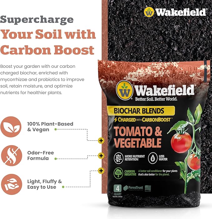 Wakefield - Premium Biochar Blend - Organic Potting Soil with Humic Acid for Vegetables - Enhanced Organic Soil Mix with CarbonBoost for Vegetables,Tomatoes and Gardens - 4 quarts