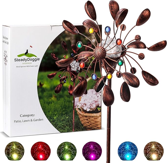 SteadyDoggie 75-Inch Wind Spinners Jewel Cup - Solar-Powered with Multi-Color LED Glass Ball - Metal Kinetic Windmill for Dual Wind Direction - Easy to Assemble Garden and Outdoor Yard Decorations