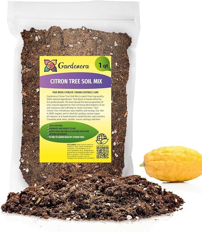 Gardenera's Premium Citron Tree Soil Mix - The Ideal Blend of Nutrients and Aeration for Growing Healthy and Productive Citrus Medica Trees - 1 Quart