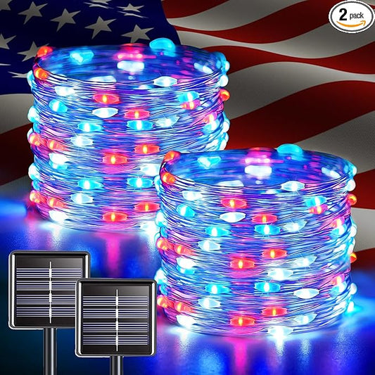 JMEXSUSS 2 Pack Red White and Blue Solar Lights, Each 100 LED 33FT Solar Fairy Lights Outdoor Waterproof, 4th of July Solar String Lights for Independence Day Outside Decorations