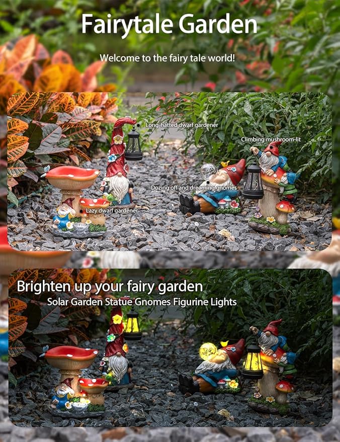 Solar Garden Statue Gnome Figurine Lights, Funny Sleepy Gnomes Dreaming, Outdoor Garden Decorations for Patio Porch，Gifts for Women Mum