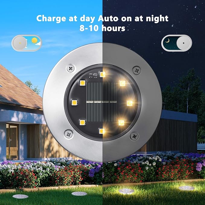 ODEETRONIC Solar Ground Lights Outdoor, 12 Packs 8 LED Solar Path Lights, Solar-Powered Disk Light Waterproof, In-ground Puck Light Flat Pathway Lamp for Landscape Pathway Patio Walkway, Warm White