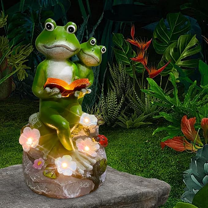 Frog Garden Statue,Frog Garden Decor,Solar Frog Statue Sitting on a Stone Reading a Book with 5 LEDs for Lawn Patio Yard Porch Decoration, Outdoor Garden Decor, yijiayi-008