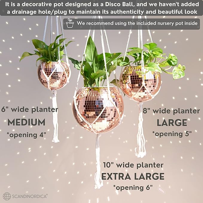 SCANDINORDICA Disco Ball Planter – Value Package: Mirror Disco Planter with Chain, Macrame Hanger and Acrylic Stand for Desk, Self Watering Insert, Plant Lover Gifts | 10 inch Rose Gold