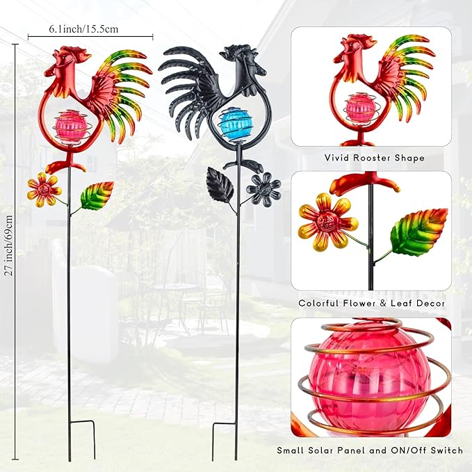 Rooster Solar Garden Lights, 2 Pack Metal Solar Stake Light, 27" H Outdoor Chicken Statues Figurine Lights for Spring Garden Lawn Patio Yard Decoration