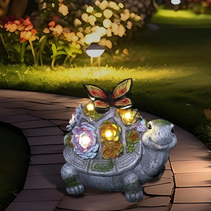 Garden Turtle Statue, Solar Outdoor Decor Tortoise with Succulent, Waterproof Animal Ornaments for Patio Clearance Balcony Court, Great Easter Gift Birthday for Mom Women