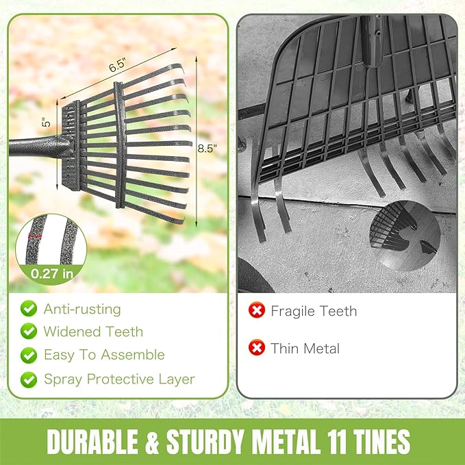 Joyhalo Small Rake for Leaves, 8.5 Inch Wide Rake Head Leaf Rake with 11 Tines, Metal Garden Rake with Adjustable Handle from 38.5 to 65 Inch for Gardening, Clippings, Gathering Leaves, Weeds, Debris