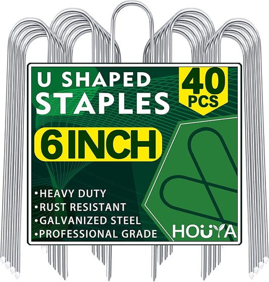U Shaped Garden Stakes 6 Inch 40 Pack Drip Irrigation Stakes Galvanized Landscape Garden Staples Hose Stakes for Soaker Hose Drip Line Irrigation Tubing Tube, Lawn Ground and Weed Barriers