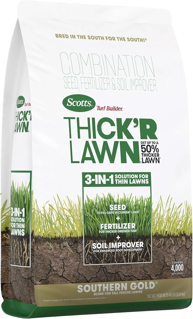 Scotts Turf Builder Thick'R Lawn Southern Gold Blend for Tall Fescue Lawns, Grass Seed, Fertilizer, and Soil Improver, 40 lb.