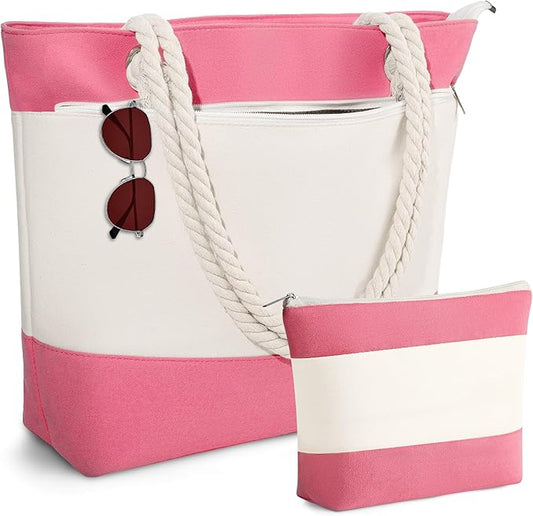 YOOLIFE Beach Bags for Women - Initial Tote Waterproof Bag with Makeup Bag, Mothers Day Gifts for Women Mom Friend Birthday