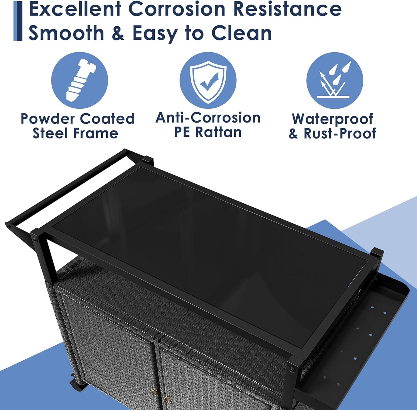 Xilingol Outdoor Bar Table, Wicker Bar Cart with Cabinet, Patio Serving Cart with Tempered Glass Top, Lockable Wheels, Rounded Handle & Side Basket for Garden, Poolside & Backyard, Black