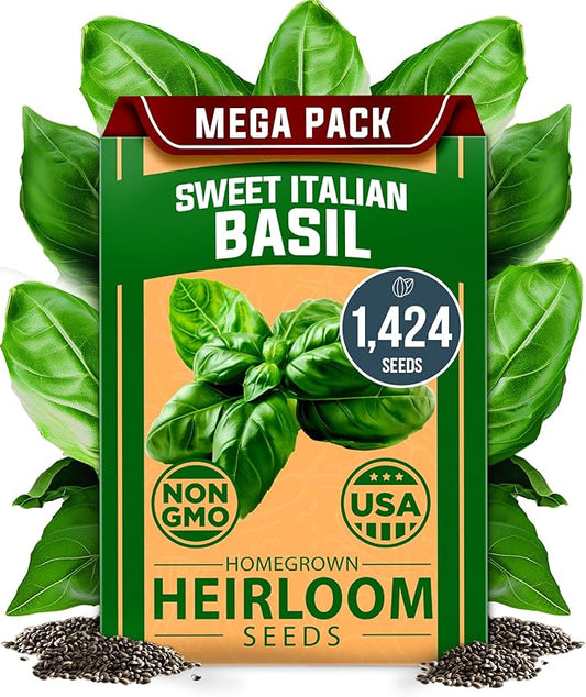 HOME GROWN Italian Basil Seeds (Bulk Pack), 1424 Sweet Large Leaf Basil Seeds for Planting, Non-GMO and Heirloom Herb Seeds for Planting Indoors or Outdoors (Ocimum basilicum)