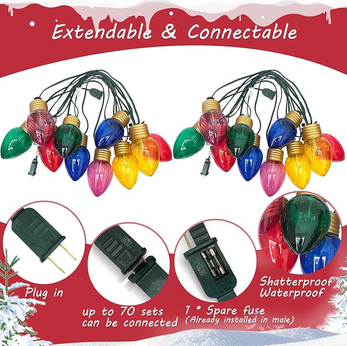 Jumbo Xmas String Lights, 16FT Large Multicolored Bulbs Christmas Hanging Lights with C7 10 LED Giant Multicolor Bulbs, Outdoor Vintage Christmas Decorations for Holiday Home Tree Roof Yard Garden