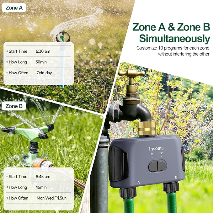 WiFi Water Timer 2 Zones, Smart Sprinkler Timer for Garden Hose, APP Remote Control, Voice Control, Rain Delay and Manual Mode for Yard Lawn Watering, Brass Inlet