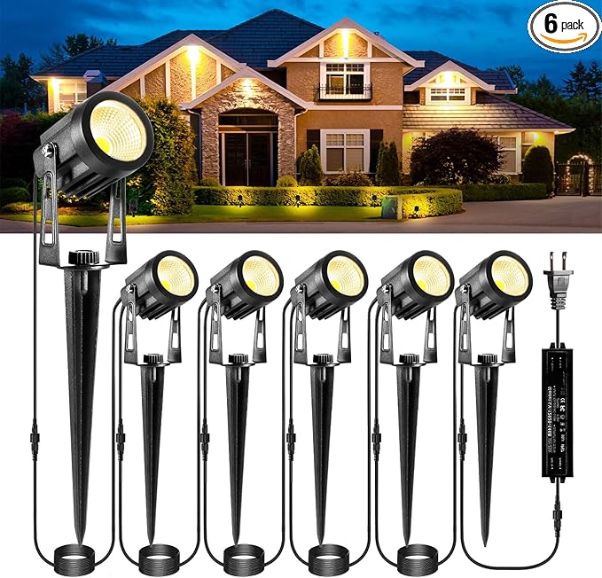 ECOWHO Landscape Lights Outdoor, 3W 12V Low Voltage Landscape Lighting Kit with Transformer, 2700K Super Warm White (1800LM) Waterproof LED Spot Lights for House Garden Yard Pathway Tree 6 Pack